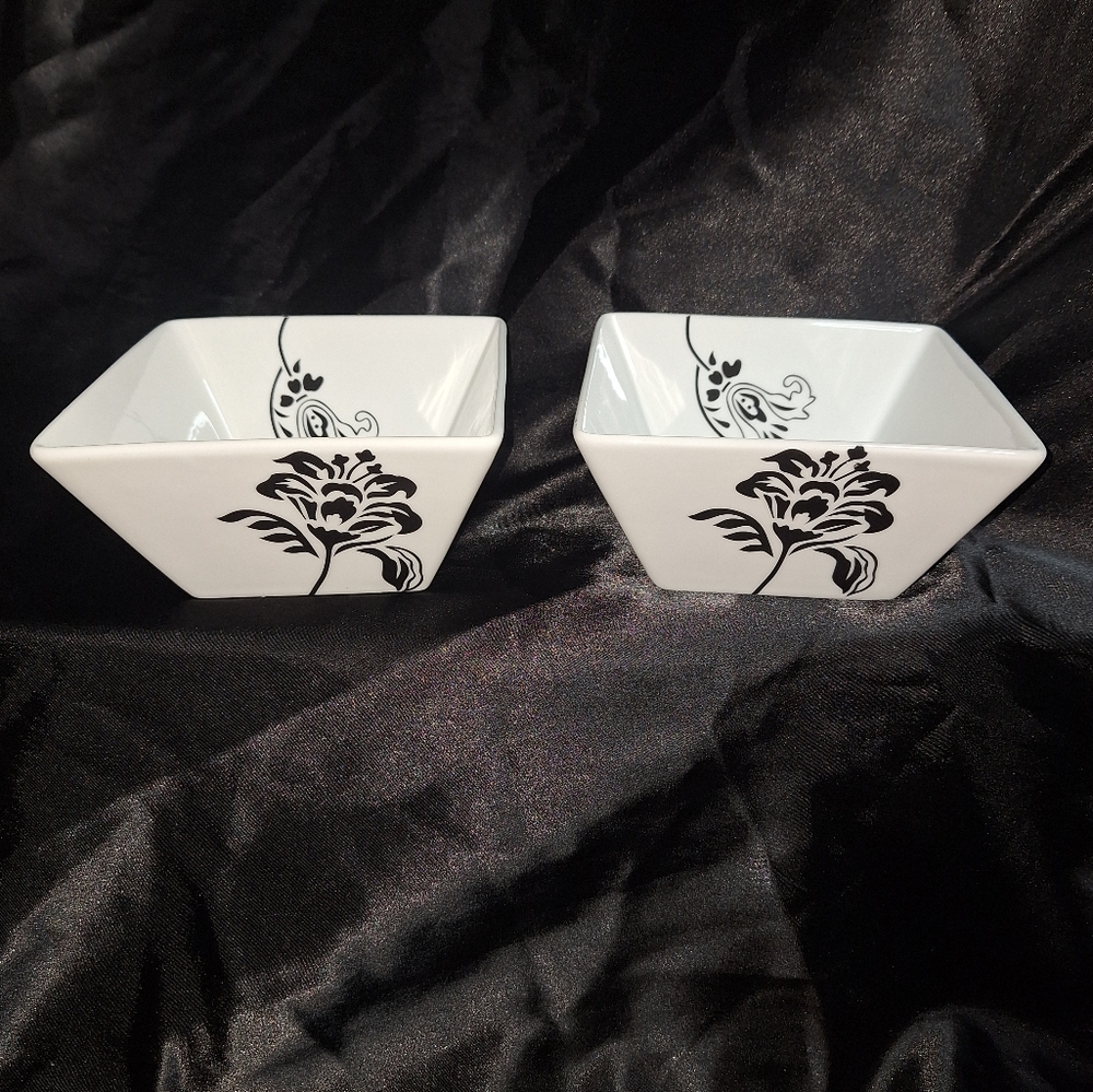 Two Food Network Bowls~Square~FENNEL~Porcelain~Floral~Elegant